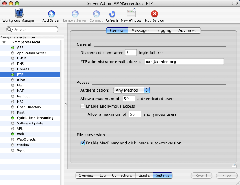 Mac OS X 10.4 Server Admin Screen