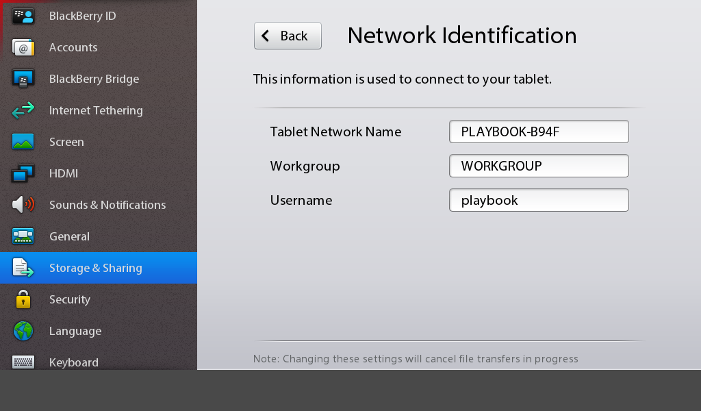 Blackberry Playbook file sharing screen network id 2014-04-04
