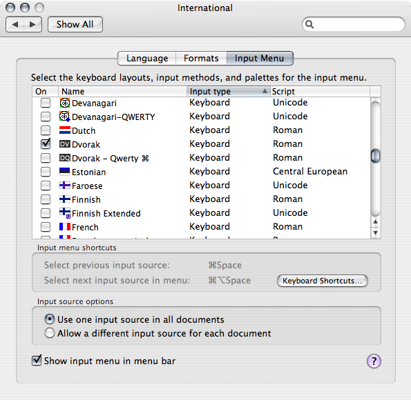 Dvorak Mac OS X dialog