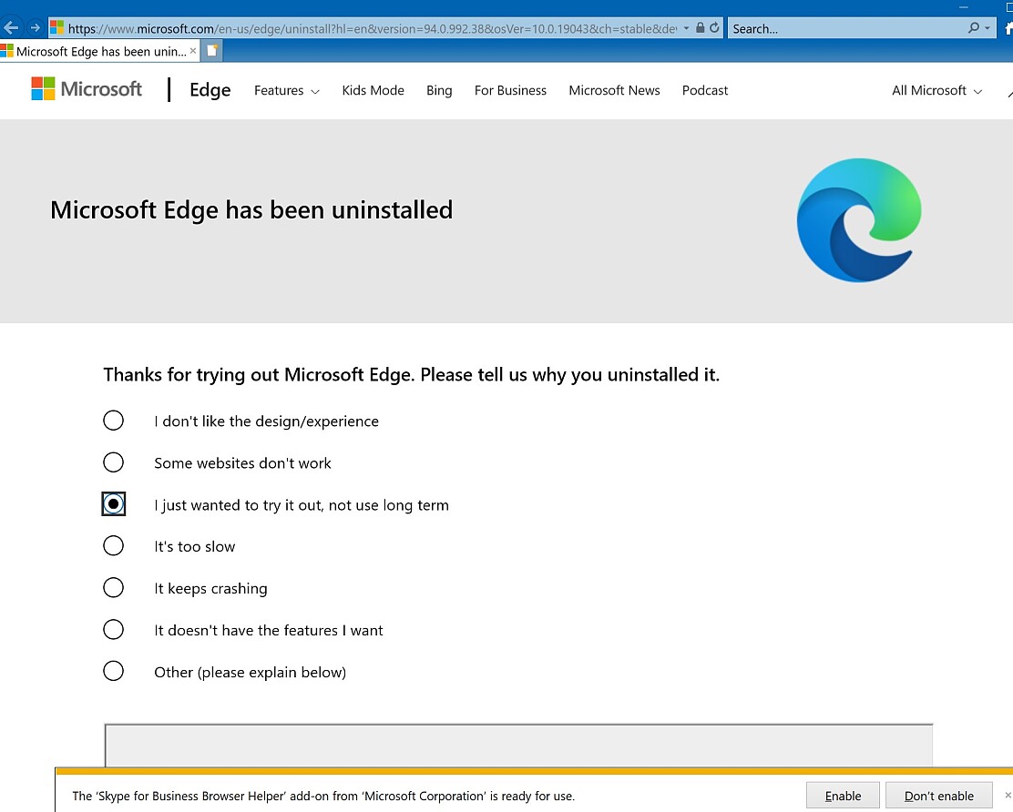 Microsoft Edge uninstall launch IE 2021-10-02