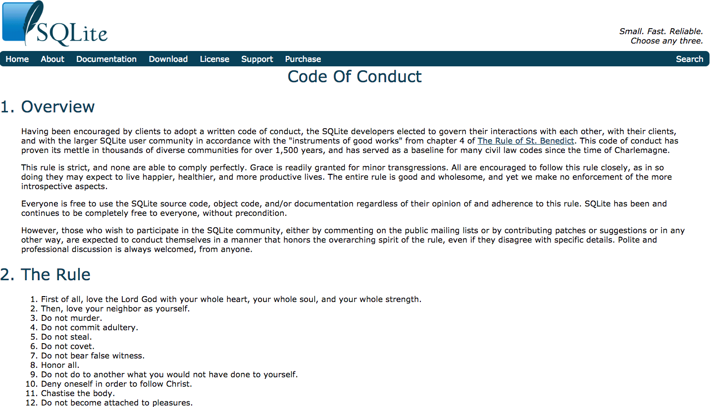 SQLite code of conduct 2018-10-22