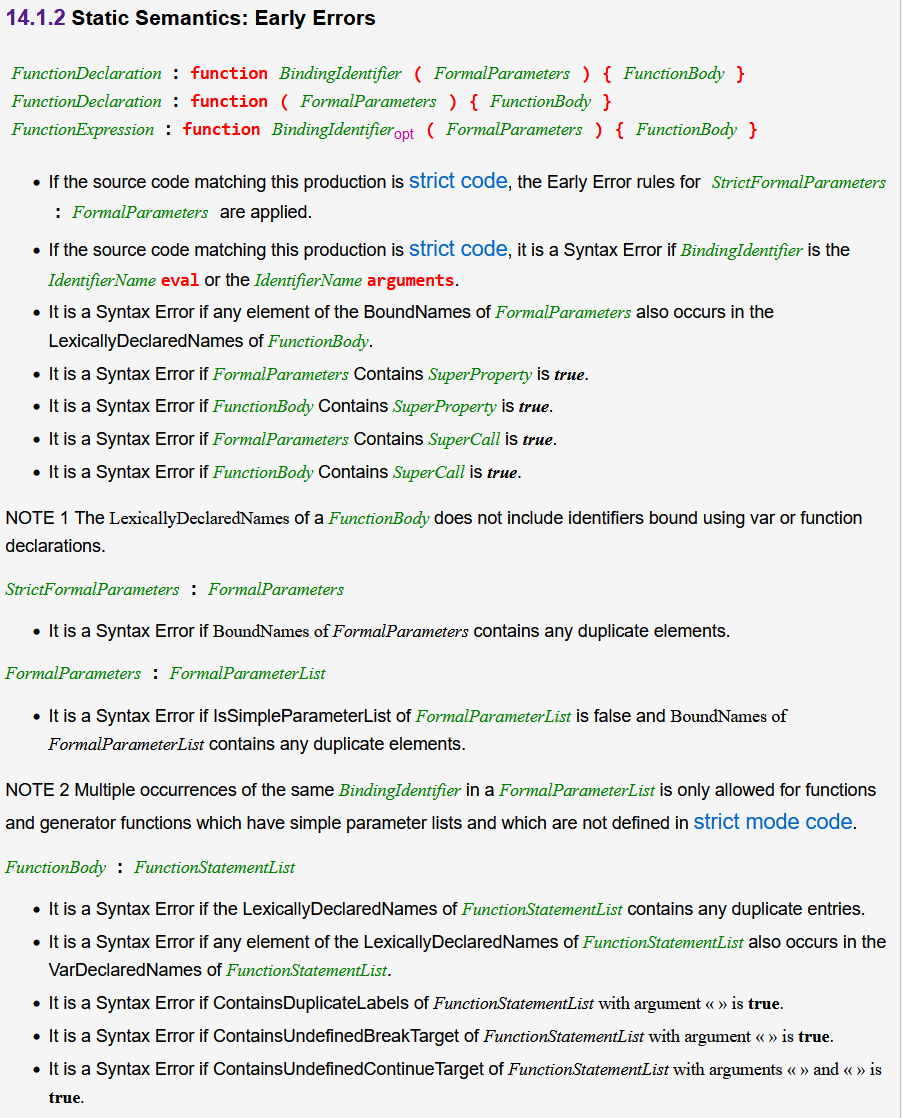 js spec 2015 14.1.2 static semantics early errors