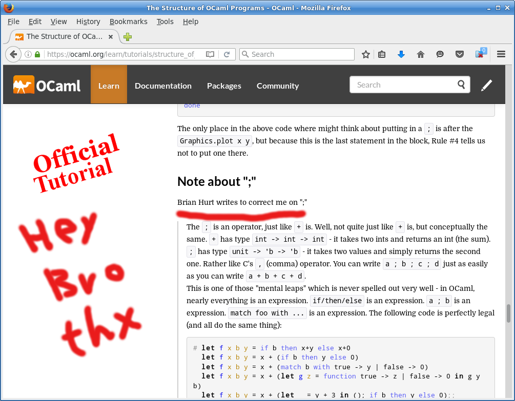 ocaml bad tutorial note about semicolon 2016-07-31