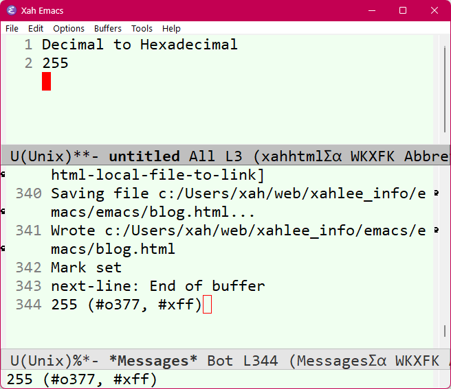 emacs decimal to hexadecimal 2026-01-04 17543