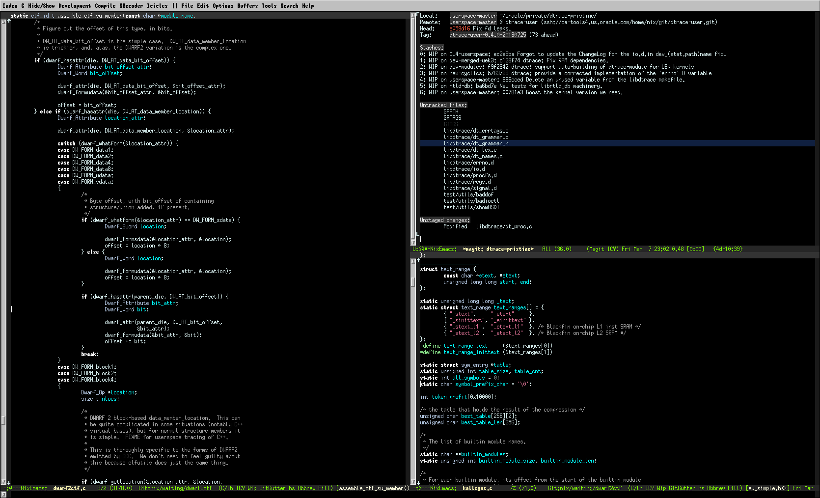 emacs screenshot Nick Alcock 2014-03-07