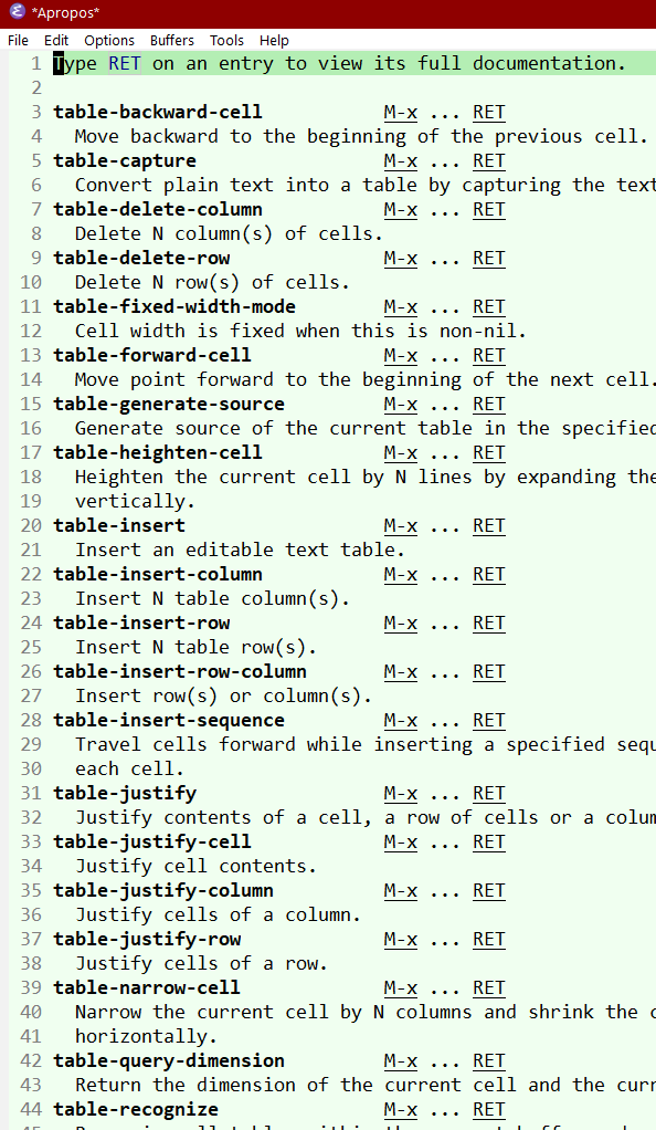 emacs table commands 2024-06-25
