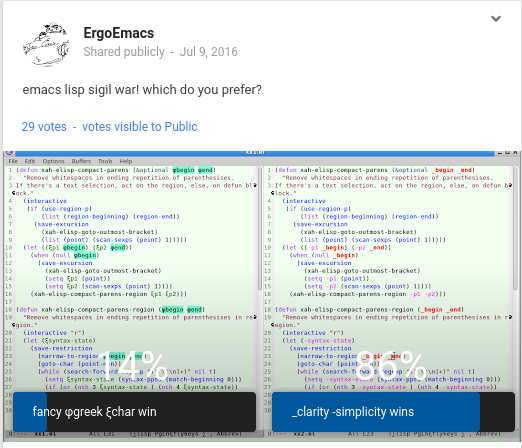 emacs sigil poll result 2016-07-19 Google Plus