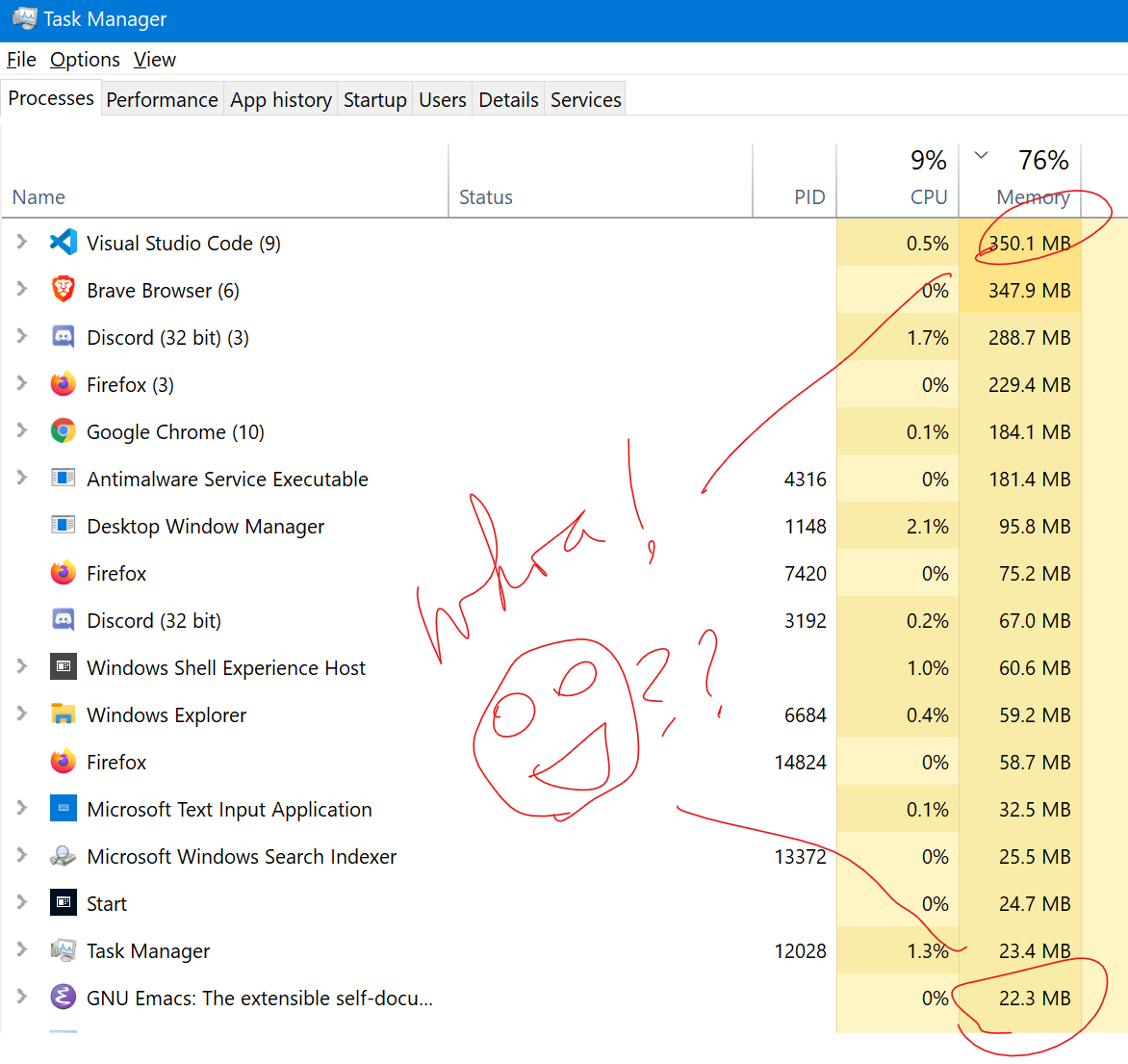 emacs vs vscode memory 2020-11-18