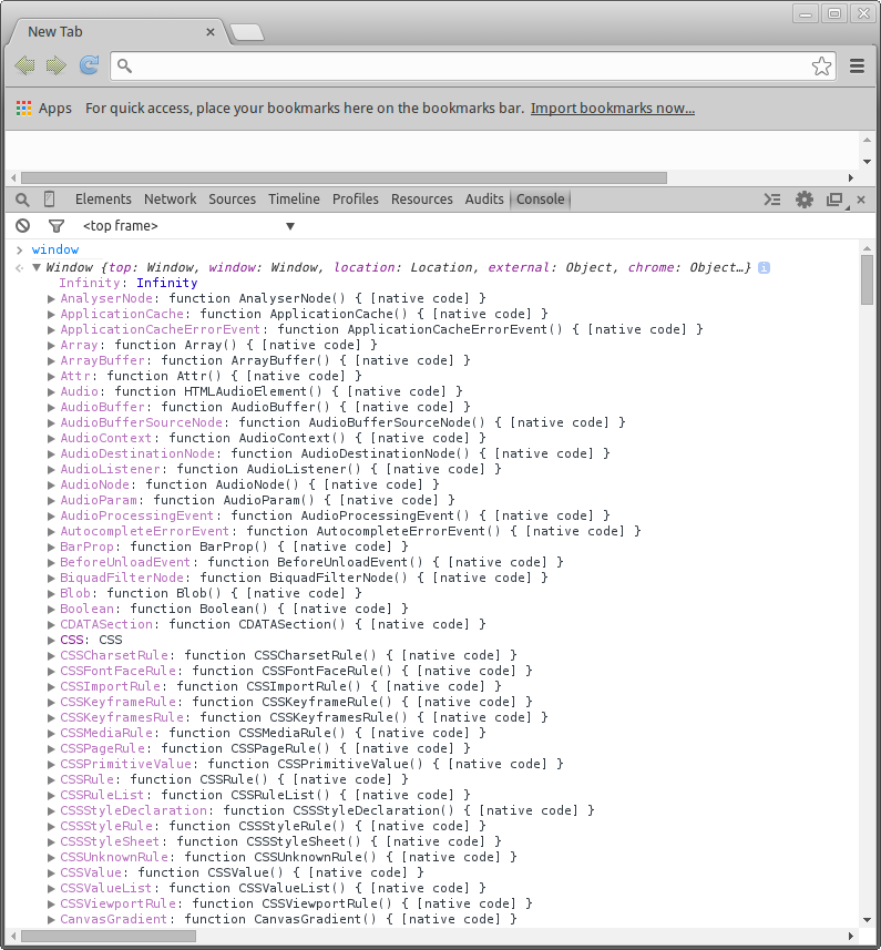Google Chrome console window object 2014