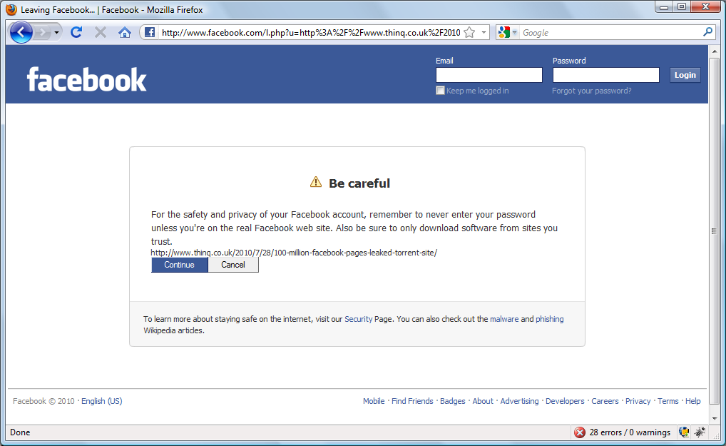 facebook URL tracking warn