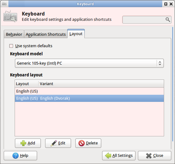 linux xfce keyboard dvorak layout