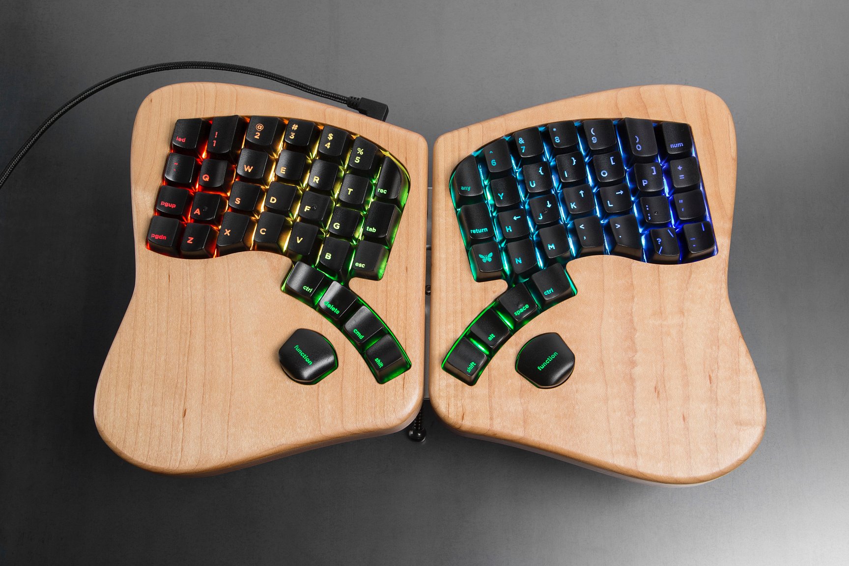 keyboard.io front view rainbow-s