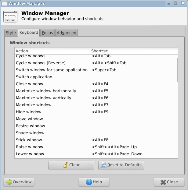 xfce window manager keys setup 2013-06-07