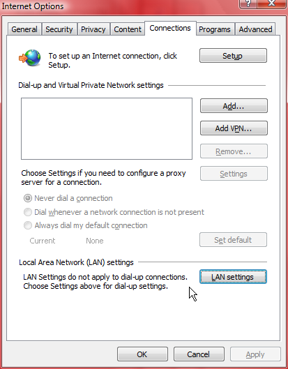 IE connections proxy dialog