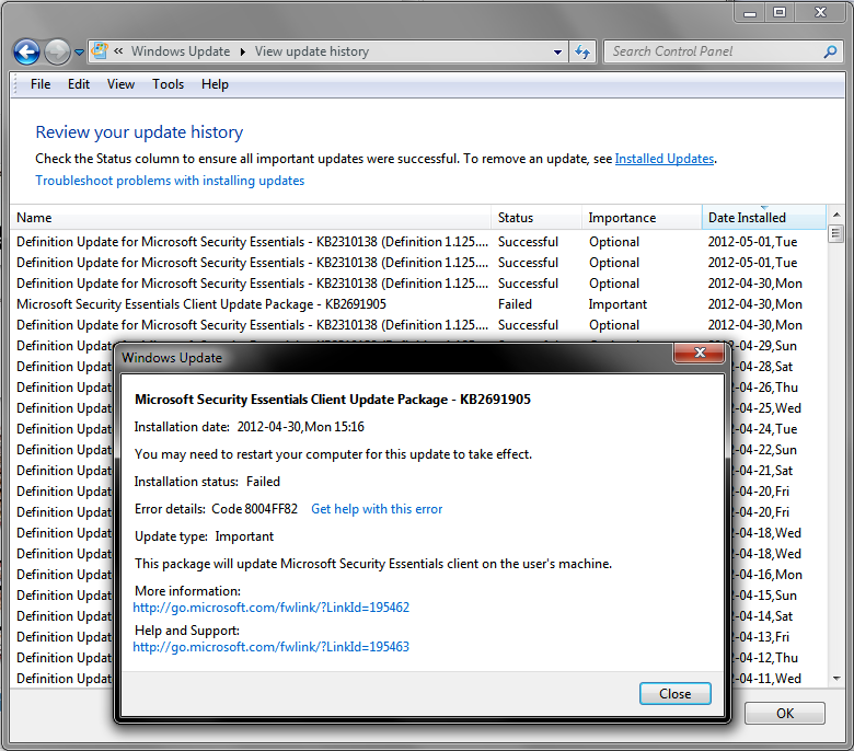 Microsoft Windows update fail KB2691905 2012-04-30