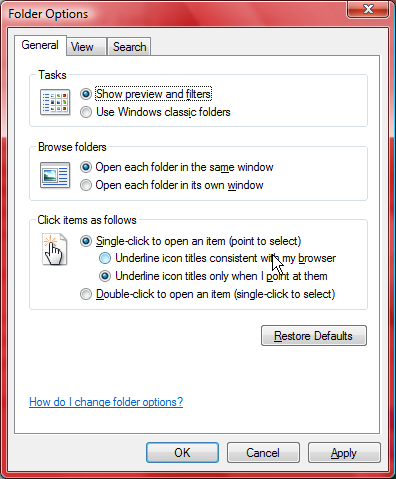 Windows Vista folder options