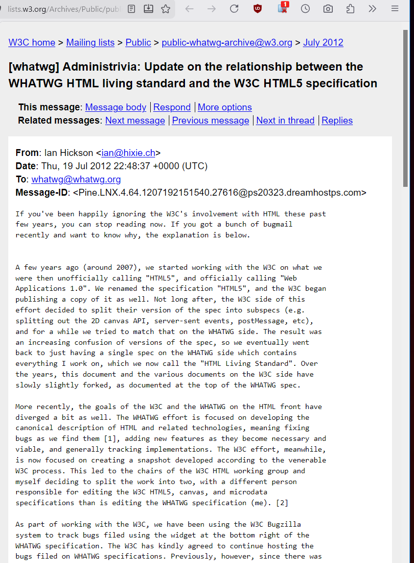 HTML5 WHATWG W3C split 2012 2026-05-29 20d1f
