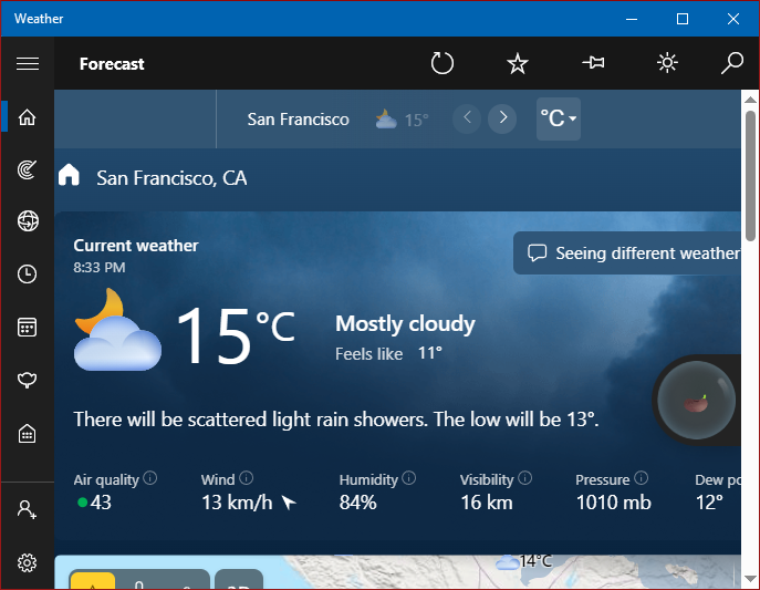 Microsoft Windows weather app 2023-11-15