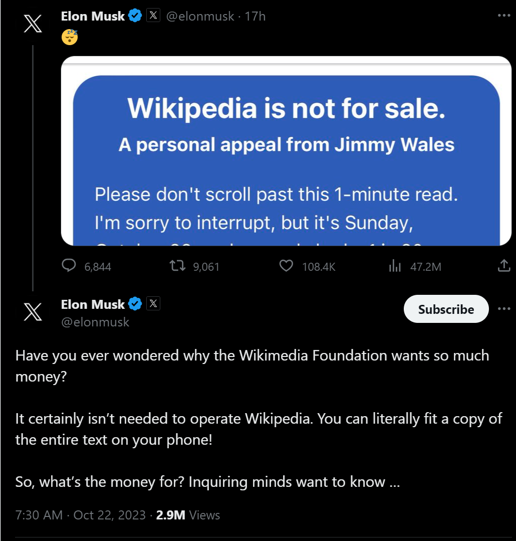 Wikipedia donation elon musk 2023-10-23